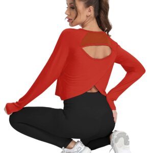 Mippo Womens Long Sleeve Workout Shirts Athletic Shirt Yoga Top Gym Wear Open Back Workout Top Cropped Workout Top Work Out Tshirts Pilates Clothes for Women Red L