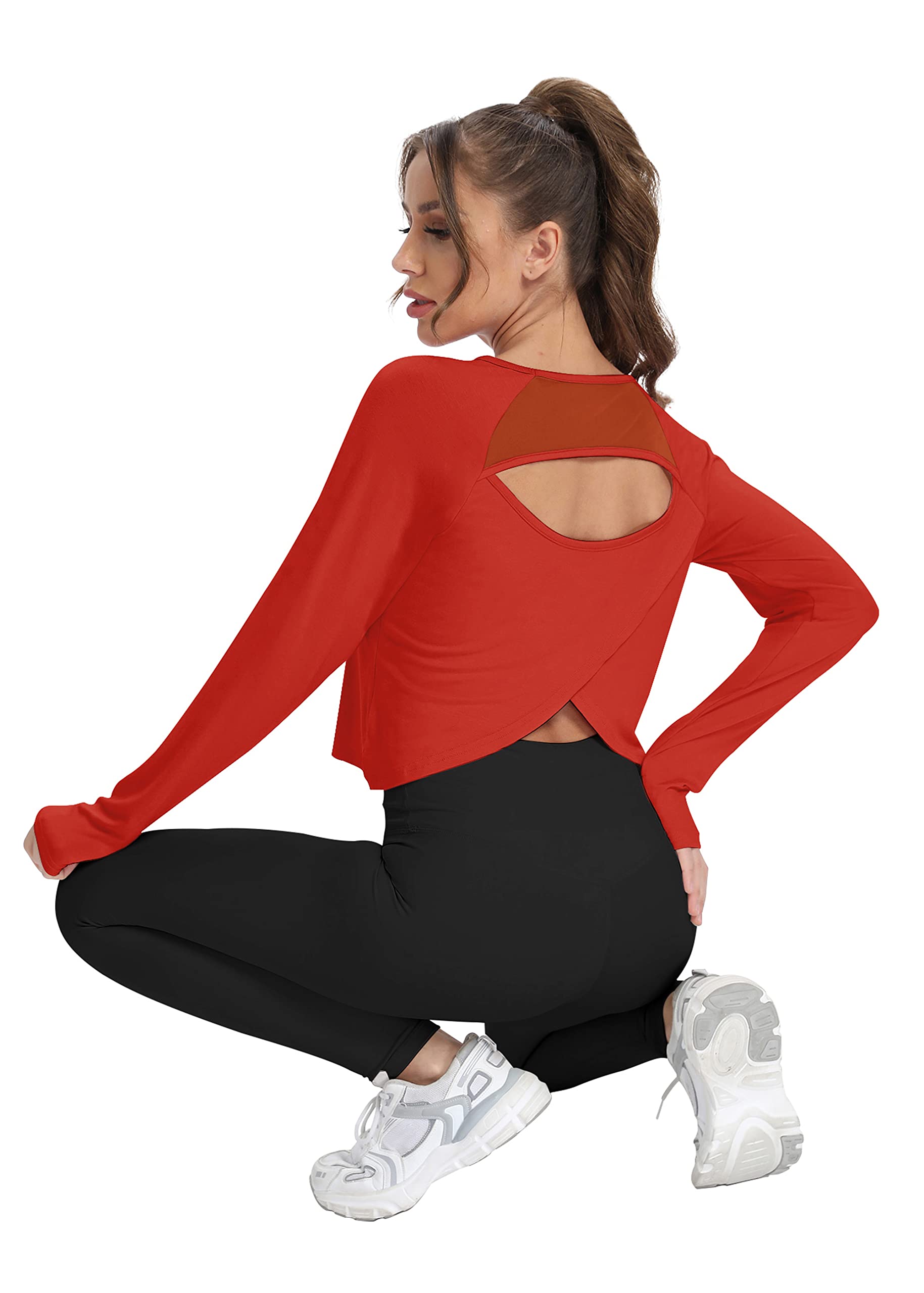 Mippo Womens Long Sleeve Workout Shirts Athletic Shirt Yoga Top Gym Wear Open Back Workout Top Cropped Workout Top Work Out Tshirts Pilates Clothes for Women Red L