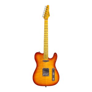 leo jaymz tl style electric guitar with flame maple top - high gloss mahogany body and hard maple neck - high transparent acrylic pickguard (transparent honey burst, deluxe)