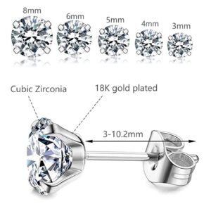 KENMITDY Stud Earrings Set for Women Stainless Steel Earrings Set Hypoallergenic Cubic Zirconia 18K White Gold Plated Round Clear Studs Men 5/6 Pairs