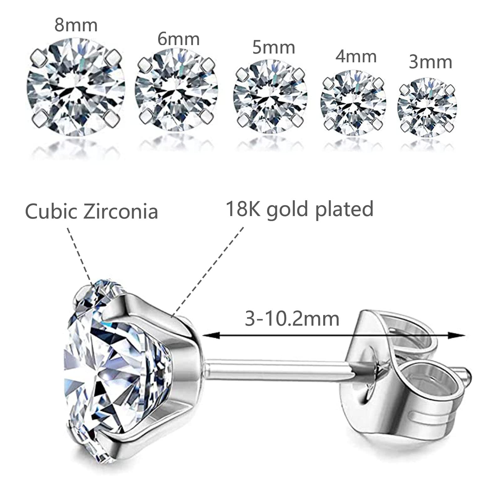 KENMITDY Stud Earrings Set for Women Stainless Steel Earrings Set Hypoallergenic Cubic Zirconia 18K White Gold Plated Round Clear Studs Men 5/6 Pairs