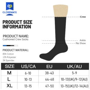 Closemate 6 Pairs Mens Cushion Crew Socks Moisture Wicking Athletic Cotton Socks for Sport Training Work(2Black2Grey2NavyBlue, Size M)