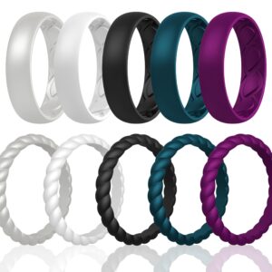 Saco Band Silicone Ring Wedding Band for Women - 10 Pack Ring Set (White, Black, Pearl Silver A, Dark Teal B, Purple 2613 - Size 6.5-7 (17.35mm))