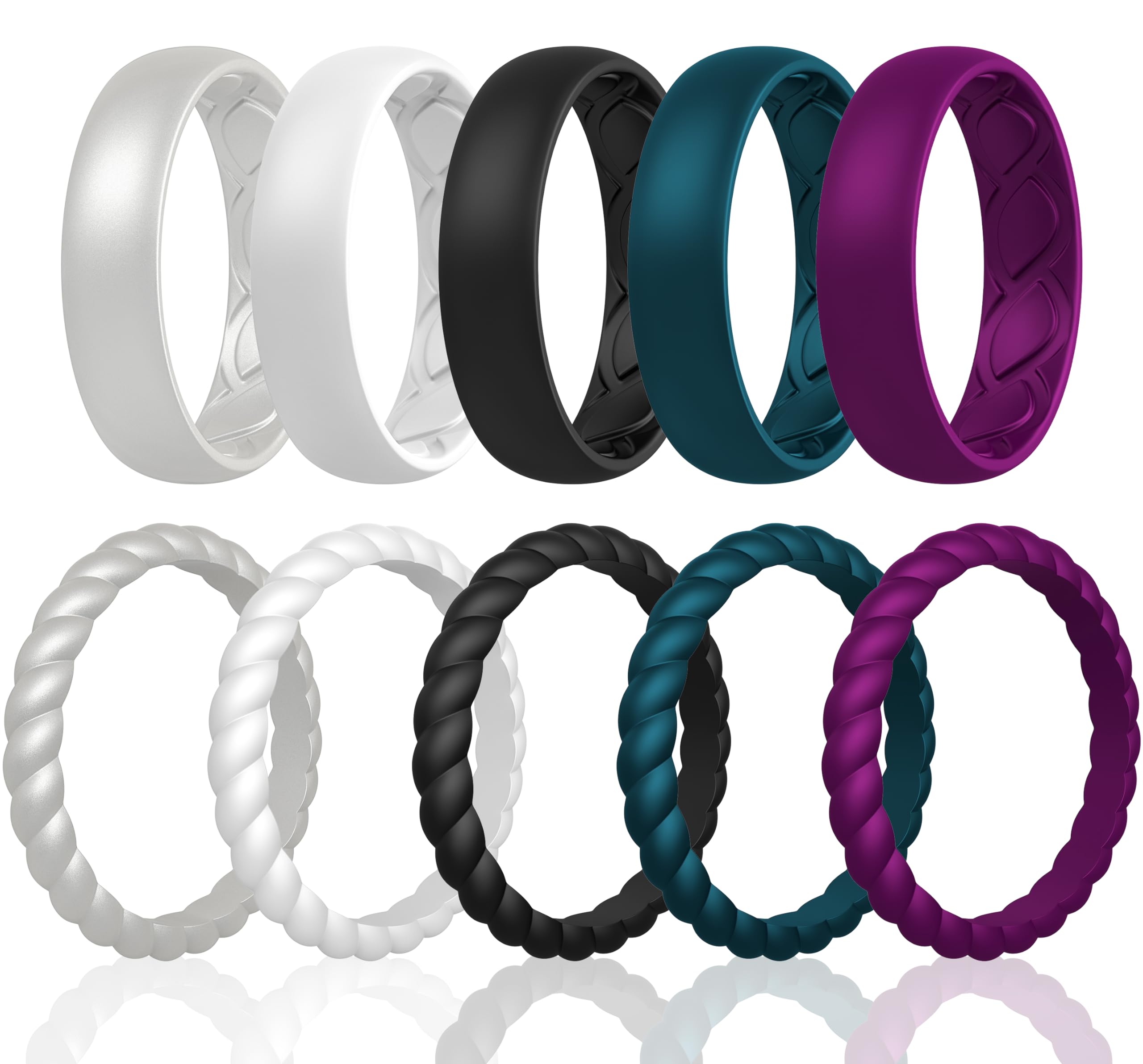 Saco Band Silicone Ring Wedding Band for Women - 10 Pack Ring Set (White, Black, Pearl Silver A, Dark Teal B, Purple 2613 - Size 6.5-7 (17.35mm))