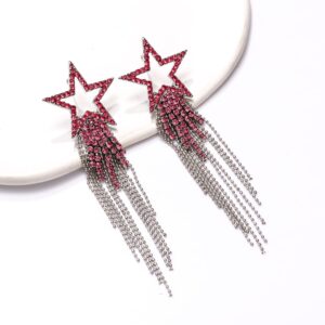 Valentine's Day Earrings Women’s Tassel Earrings Star Ear Stud Pave Crystal Dangle Earrings Boho Waterfall Beaded Fringe Drop Earring (pink)