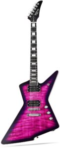 westcreek revenge solid body electric guitar, heavy metal guitar, right handed, alnico humbucker pickups, rounded end jumbo frets, bone nut, rosewood fretboard, mahogany body purple