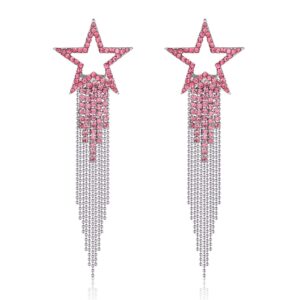 Valentine's Day Earrings Women’s Tassel Earrings Star Ear Stud Pave Crystal Dangle Earrings Boho Waterfall Beaded Fringe Drop Earring (pink)