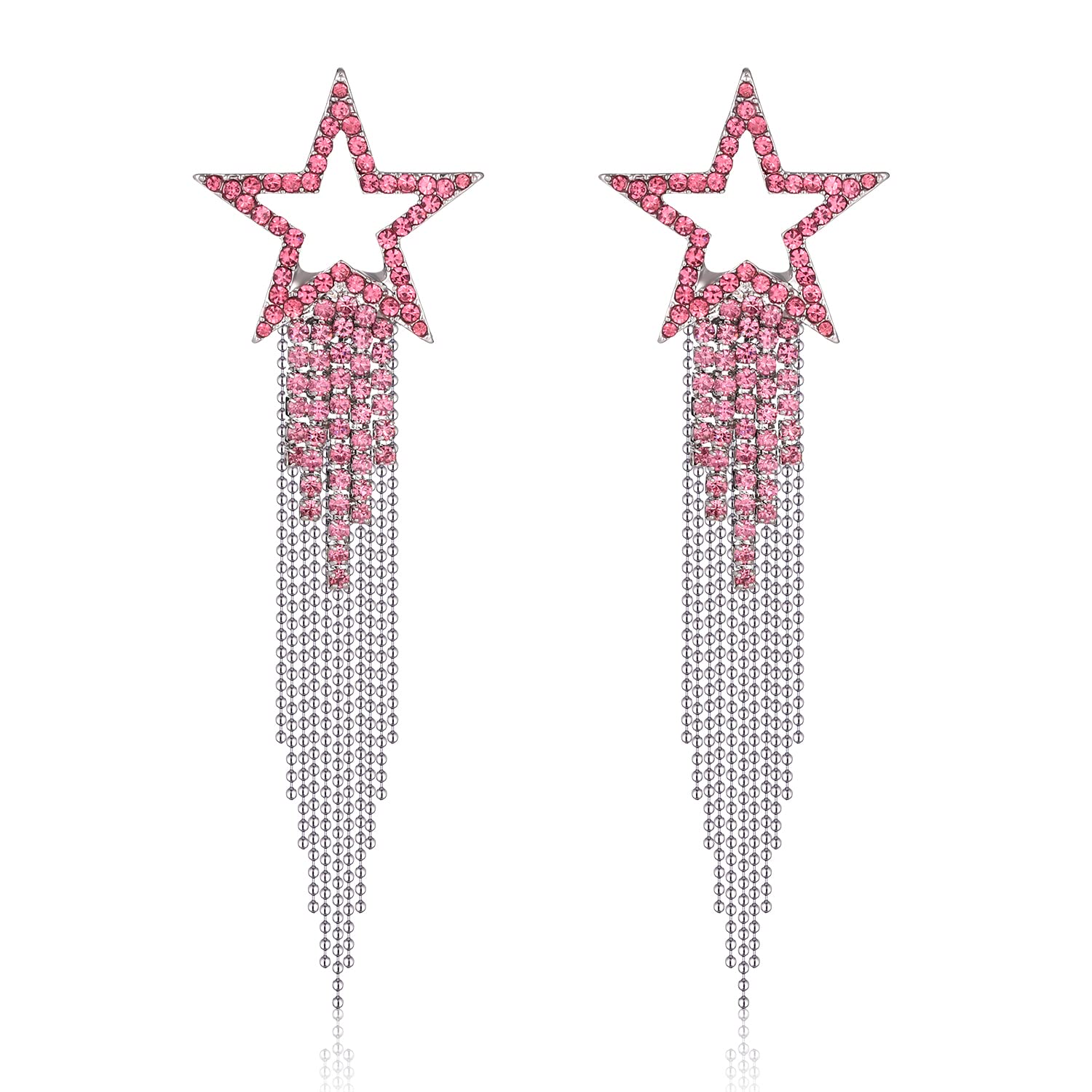 Valentine's Day Earrings Women’s Tassel Earrings Star Ear Stud Pave Crystal Dangle Earrings Boho Waterfall Beaded Fringe Drop Earring (pink)