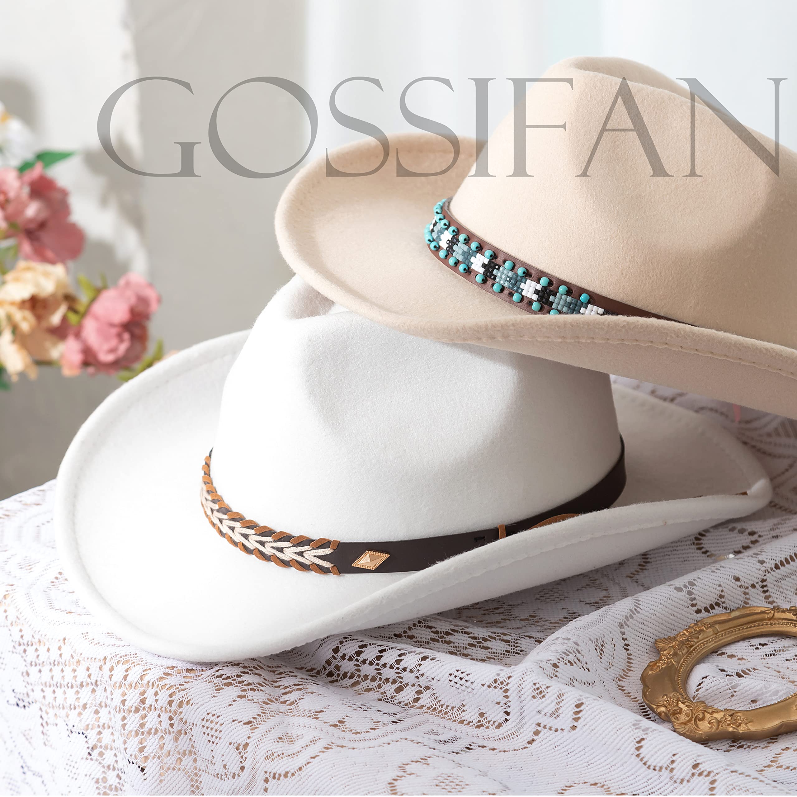 Gossifan Western Cowboy & Cowgirl Hat Felt Wide Brim Women Men Fedora Hats-B Belt Beige