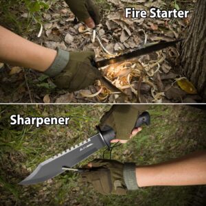 FLISSA 15-inch Fixed Blade Tactical Bowie Knife with Sharpener & Fire Starter and 2-piece Bowie Knife with Sheath