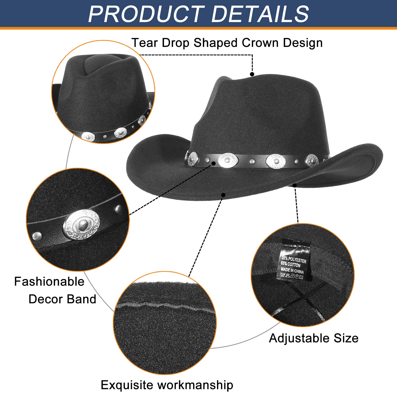 GEMVIE Cowboy Hat for Men Womens Classic Crushable Roll Up Brim Cowboy Hat Belt Buckle Western Cowboy Cowgirl Hat