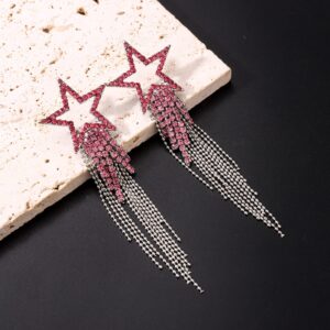 Valentine's Day Earrings Women’s Tassel Earrings Star Ear Stud Pave Crystal Dangle Earrings Boho Waterfall Beaded Fringe Drop Earring (pink)