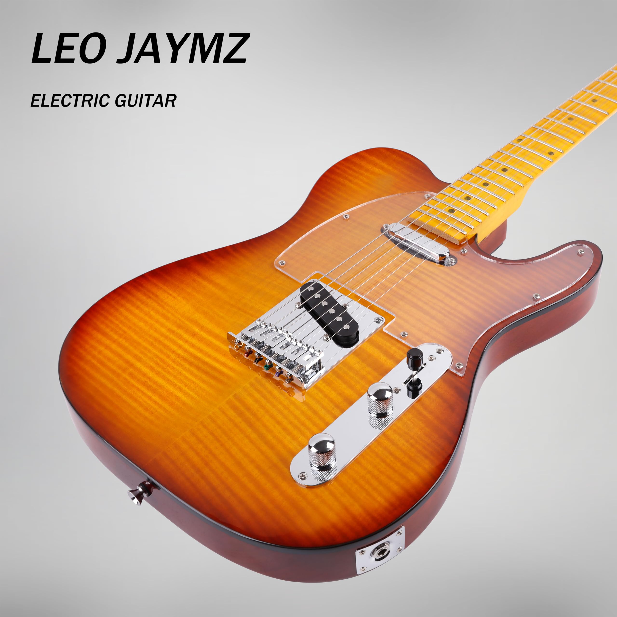 Leo Jaymz TL Style Electric Guitar with Flame Maple Top - High Gloss Mahogany Body and Hard Maple Neck - High Transparent Acrylic Pickguard (Transparent Honey Burst, Deluxe)