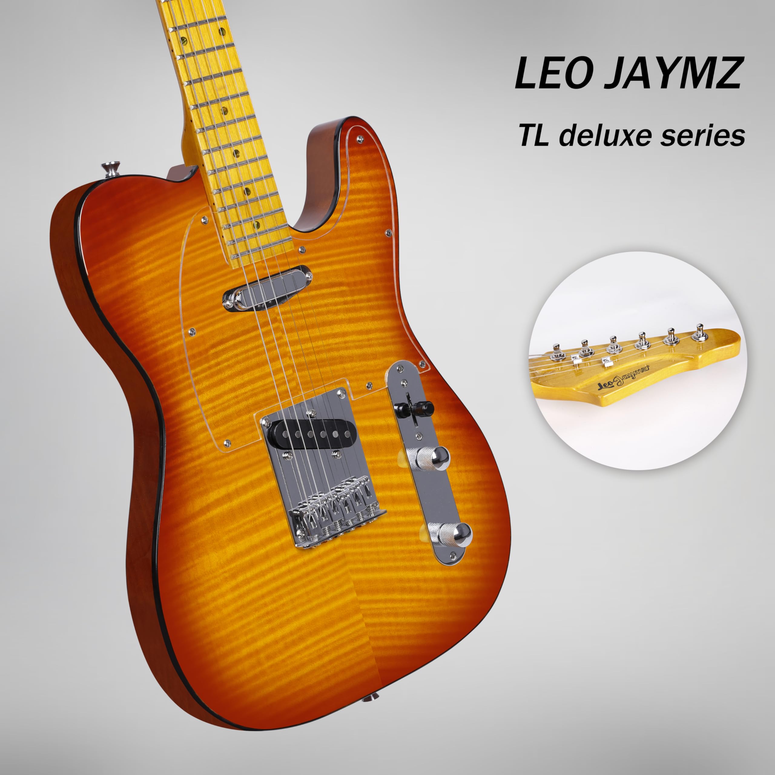 Leo Jaymz TL Style Electric Guitar with Flame Maple Top - High Gloss Mahogany Body and Hard Maple Neck - High Transparent Acrylic Pickguard (Transparent Honey Burst, Deluxe)