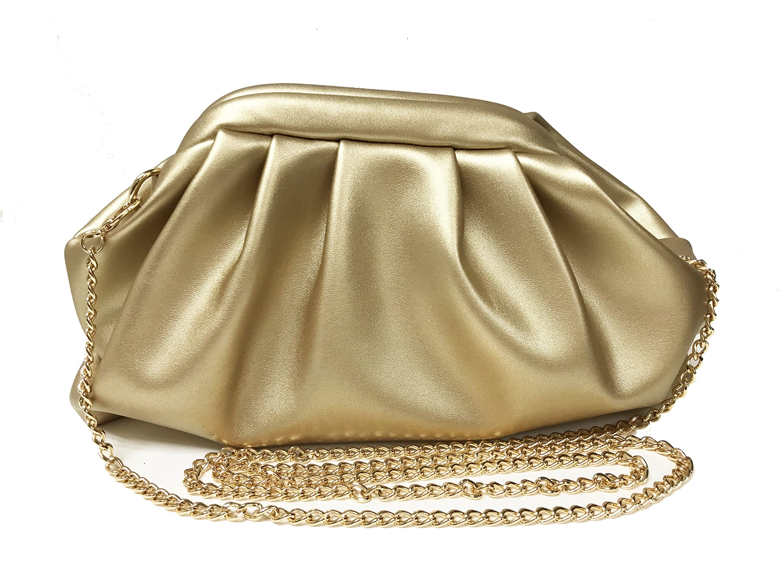 expouch Women Cloud Bag Slouchy Clutch Ruched Purse Evening Handbag with Gold Chain Shoulder Bag (Gold)