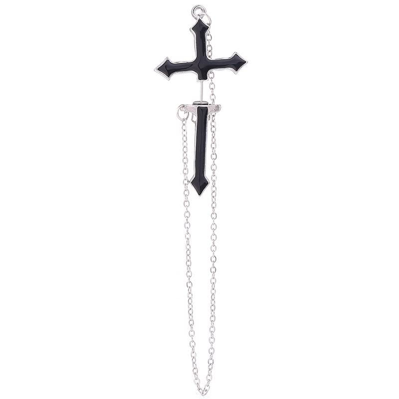 Hanging Cross Earring Black Punk Cross Chain Dangle Drop Earrings Goth Long Chain Cross Sword Ear Piercing Earrings Cool Jewelry Gifts for Women Men Teens (A)