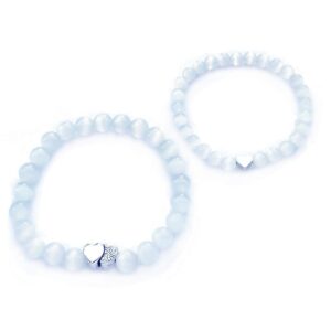 dolon white cat eye beads elastic heart charm mommy and me bracelets matching set for mother daughter aunt niece mothers day birthday christmas handmade jewelry gift