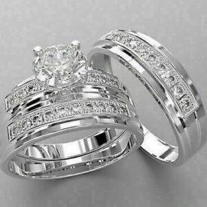 2.25 Ct Round Cut Diamond Wedding Band Trio Engagement Band Ring Set 925 Sterling Silver 14K White Gold Finish Anniversary Stacking Matching Gorgeous Promise Ring Gift For Couple