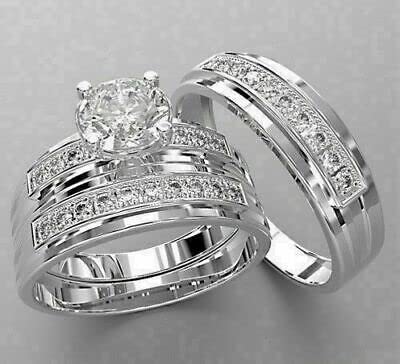 2.25 Ct Round Cut Diamond Wedding Band Trio Engagement Band Ring Set 925 Sterling Silver 14K White Gold Finish Anniversary Stacking Matching Gorgeous Promise Ring Gift For Couple