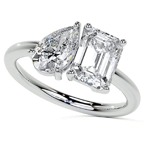 10K Solid White Gold Handmade Engagement Rings 2.0 CT Pear, Emerald Cut Moissanite Diamond Solitaire Wedding/Bridal Ring Set for Women/Her Propose Rings (4)