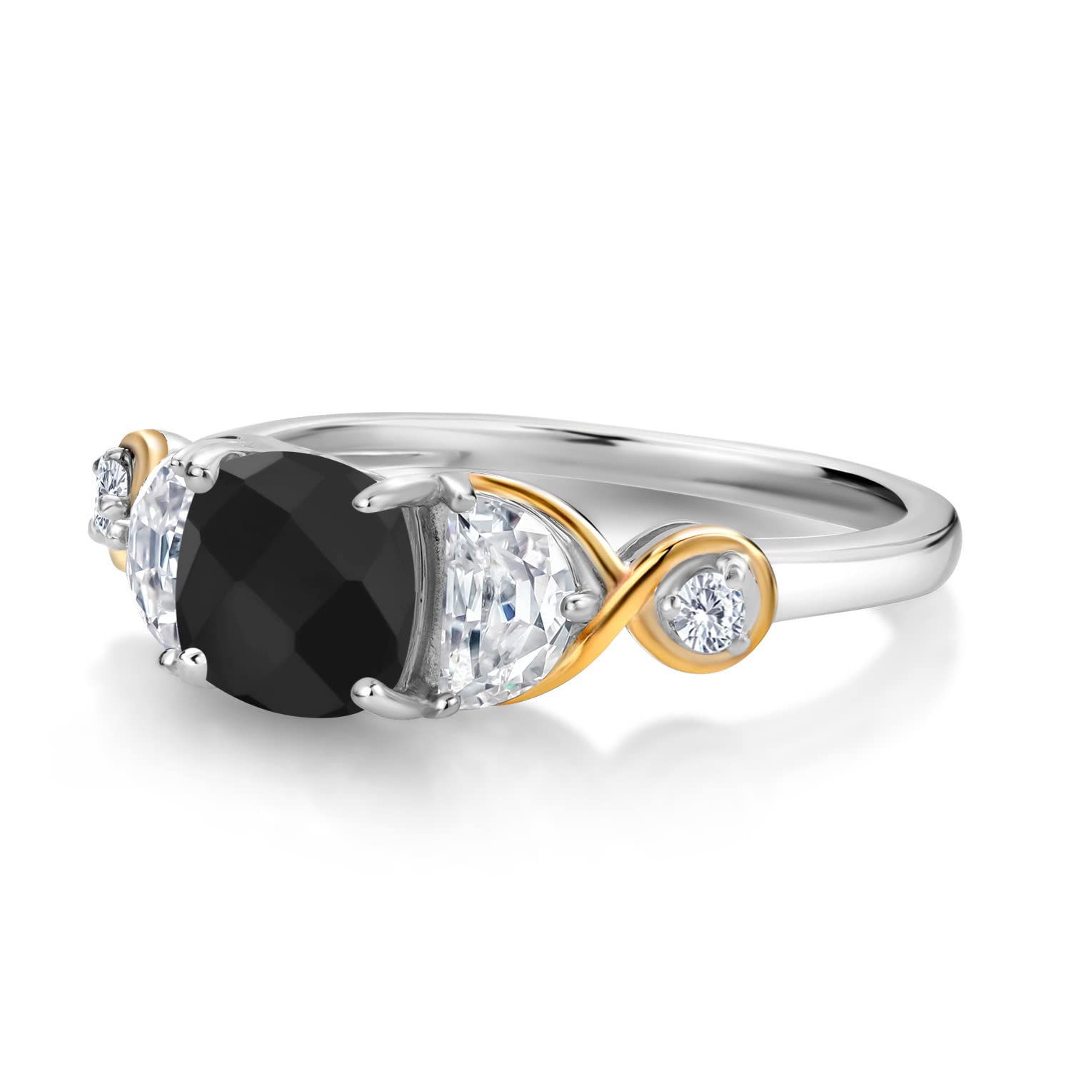 925 Silver and 10K Yellow Gold Cushion Onyx Half Moon Moissanite and Lab Grown Diamond 3-Stone Engagement Ring For Women (1.58 Cttw, Gemstone Birthstone, Available In Size 5, 6, 7, 8, 9)