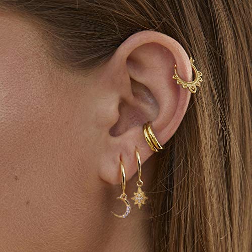 14K Gold Star Moon Hoop Earrings,Shiny Gold Dainty Moissanite Dangle Drop Earrings for Women,Fashion Jewelry Gift fo Her (Style 1, 14K Gold)