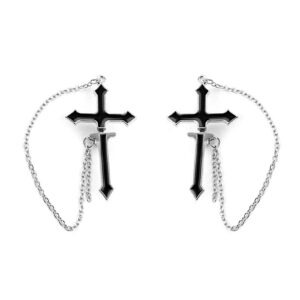 hanging cross earring black punk cross chain dangle drop earrings goth long chain cross sword ear piercing earrings cool jewelry gifts for women men teens (a)