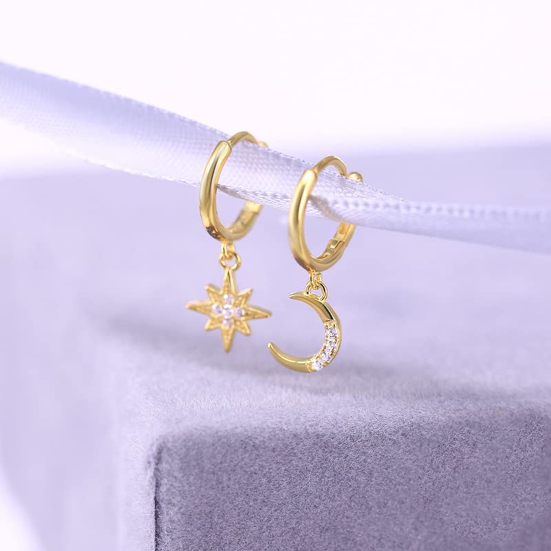 14K Gold Star Moon Hoop Earrings,Shiny Gold Dainty Moissanite Dangle Drop Earrings for Women,Fashion Jewelry Gift fo Her (Style 1, 14K Gold)