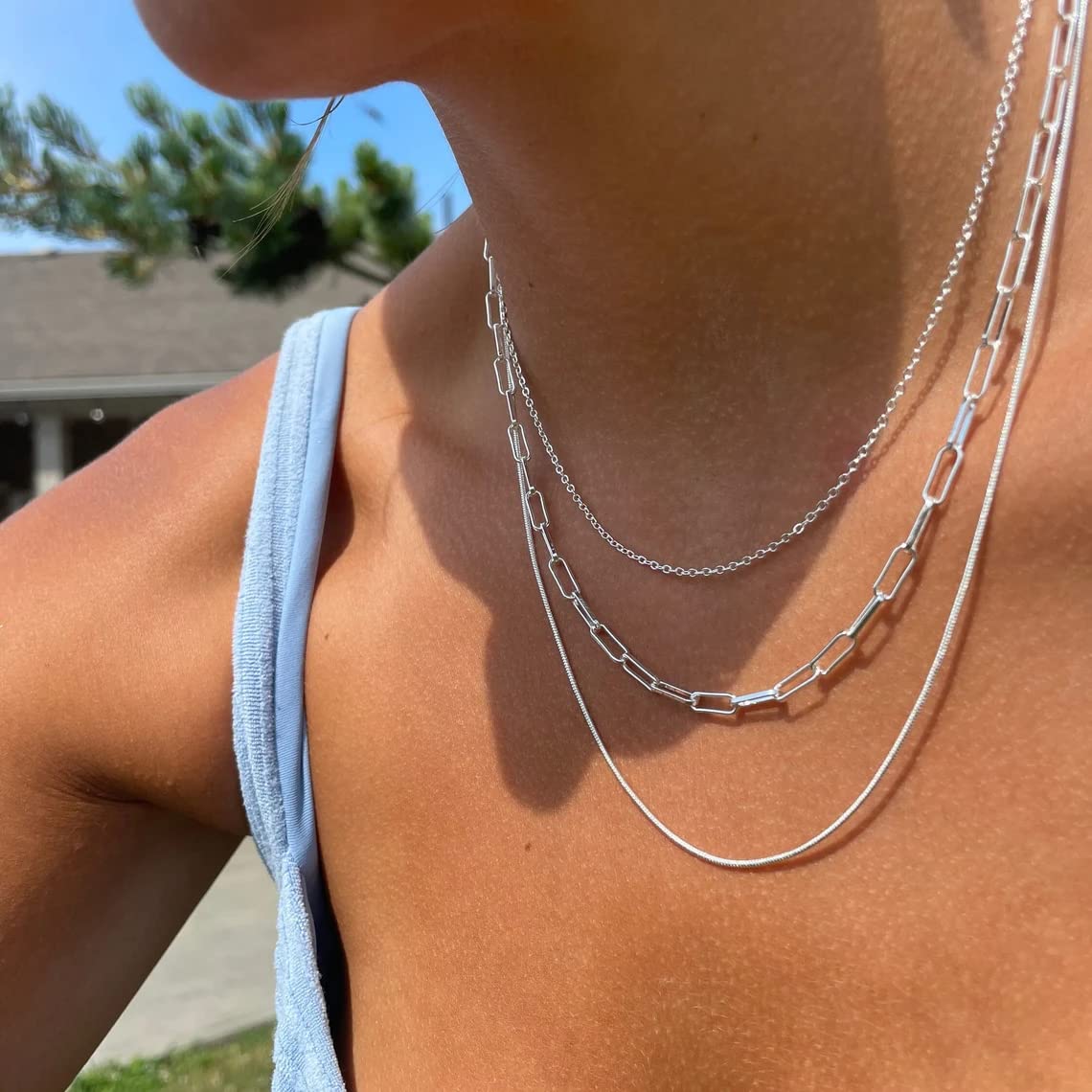 Tasiso Silver Necklaces for Women Silver Plated Layering Paperclip Box Chain Necklace Layered Simple Chain Choker Necklace Set Minimalist Everyday Waterproof Jewelry Gifts