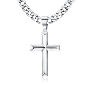 fansilver 925 sterling silver cross pendant necklace diamond-cut cuban link chain necklace highly polished beveled edge cross chain necklace silver cross necklace for men women 24 inches