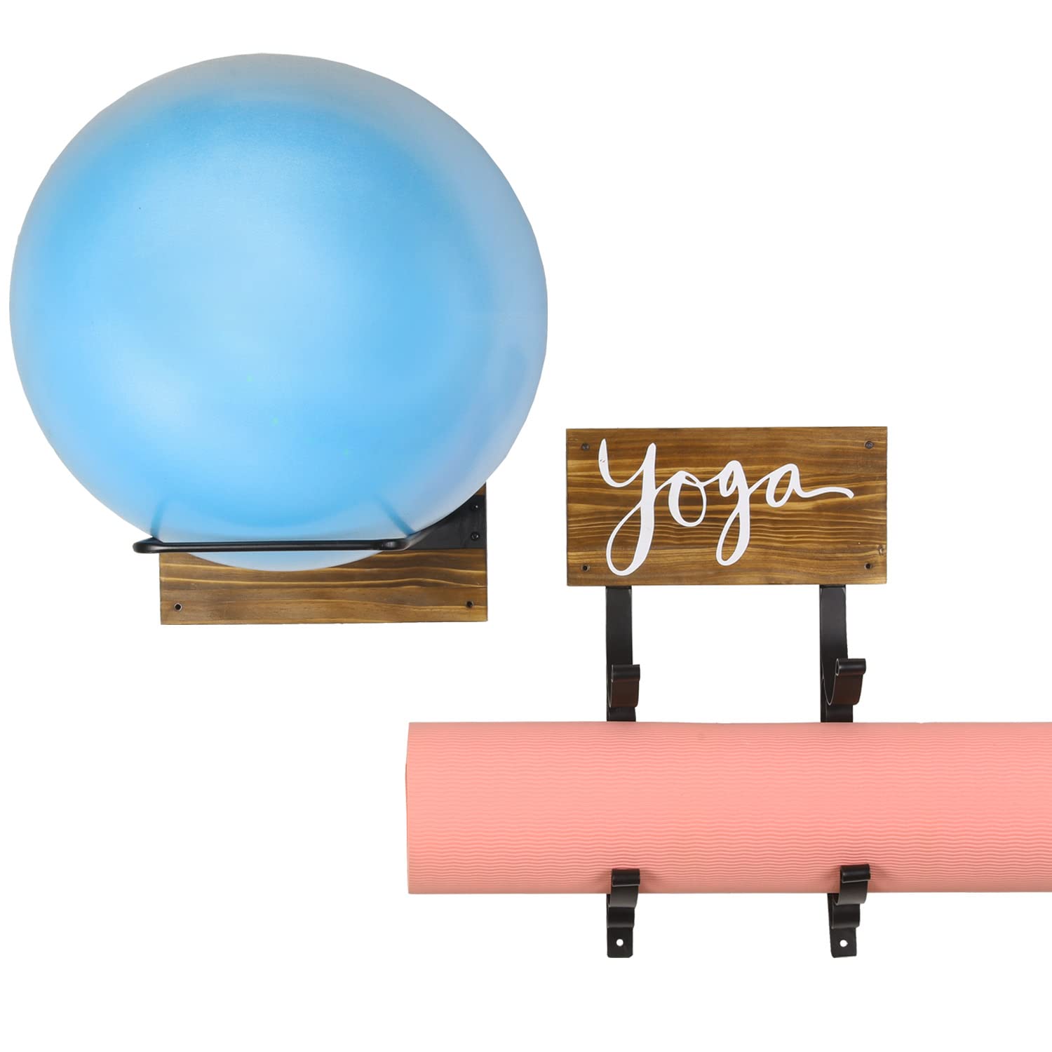 MyGift Yoga Mat and Stability Ball Holder - Rustic Burnt Wood and Black Metal Wall Mounted Exercise Yoga Equipment Organizer, 2 Pc Set