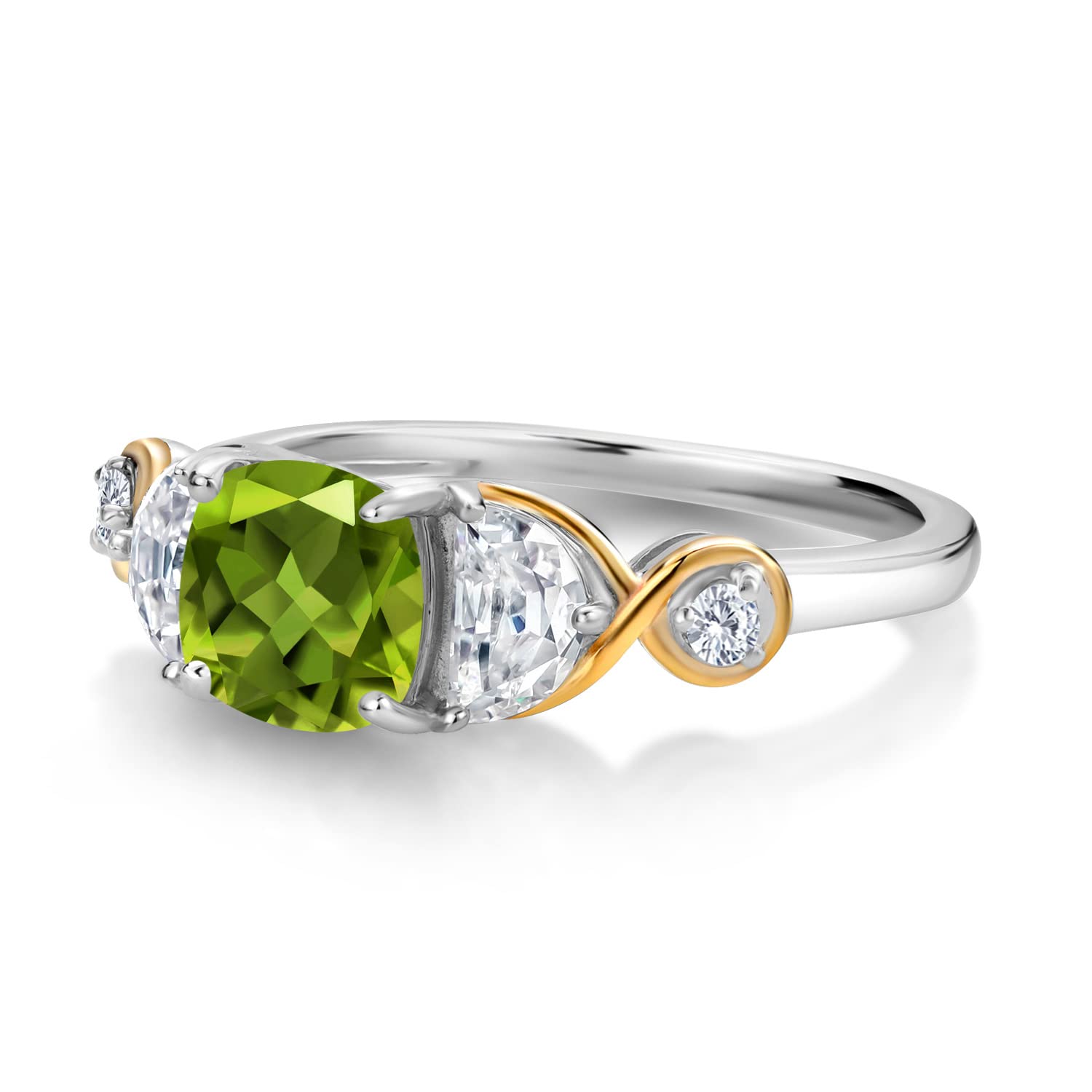 925 Silver and 10K Yellow Gold Cushion Peridot Half Moon Moissanite and White Lab Grown Diamond 3-Stone Engagement Ring For Women (1.51 Cttw, Gemstone Birthstone, Available In Size 5, 6, 7, 8, 9)