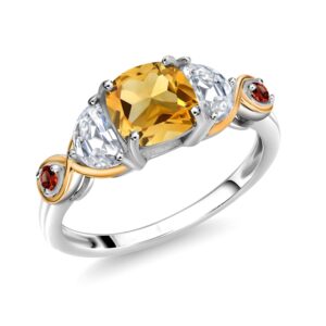 Gem Stone King 925 Silver and 10K Yellow Gold Cushion Citrine and Half Moon Moissanite 3-Stone Engagement Ring For Women (1.62 Cttw, Gemstone Birthstone, Available In Size 5, 6, 7, 8, 9)