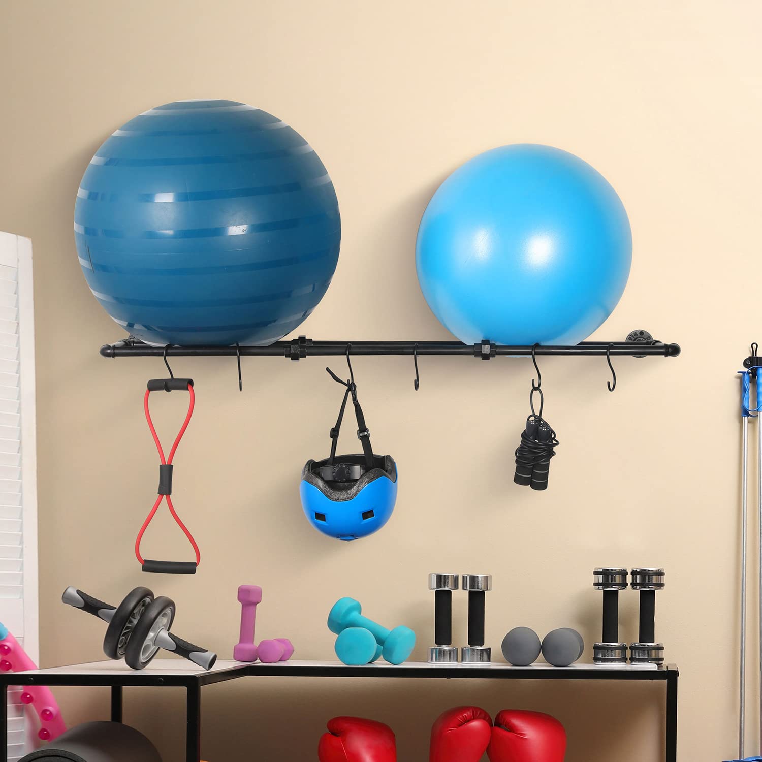 MyGift Industrial Matte Black Metal Wall Mounted Exercise Yoga Ball Storage Rack with 6 S-Hooks for Fitness Equipment