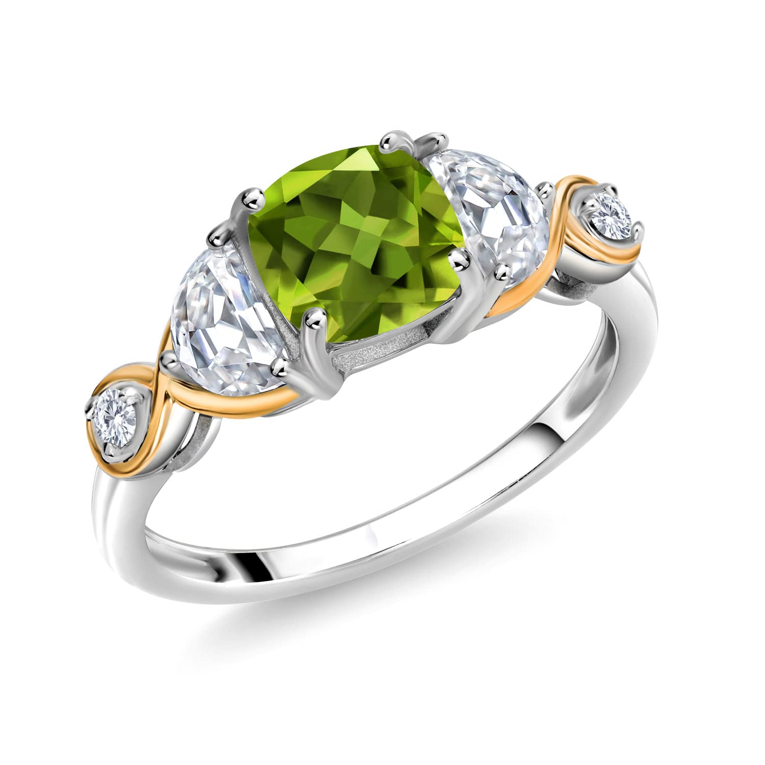 925 Silver and 10K Yellow Gold Cushion Peridot Half Moon Moissanite and White Lab Grown Diamond 3-Stone Engagement Ring For Women (1.51 Cttw, Gemstone Birthstone, Available In Size 5, 6, 7, 8, 9)