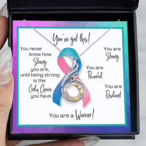 Thyroid Cancer Warrior Necklace - Gift for Support, Fighter, Survivor - Blue, Pink and Teal Ribbon Awareness - Jewelry for Post-Surgery, Chemo Patient