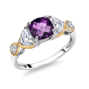 gem stone king 925 silver and 10k yellow gold cushion amethyst half moon moissanite and lab grown diamond 3-stone engagement ring for women (1.36 cttw, available in size 5, 6, 7, 8, 9)