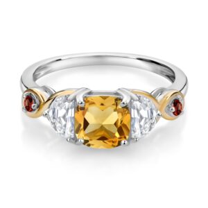 Gem Stone King 925 Silver and 10K Yellow Gold Cushion Citrine and Half Moon Moissanite 3-Stone Engagement Ring For Women (1.62 Cttw, Gemstone Birthstone, Available In Size 5, 6, 7, 8, 9)