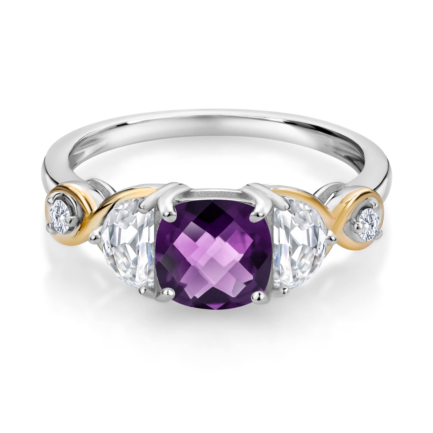 Gem Stone King 925 Silver and 10K Yellow Gold Cushion Amethyst Half Moon Moissanite and Lab Grown Diamond 3-Stone Engagement Ring For Women (1.36 Cttw, Available In Size 5, 6, 7, 8, 9)