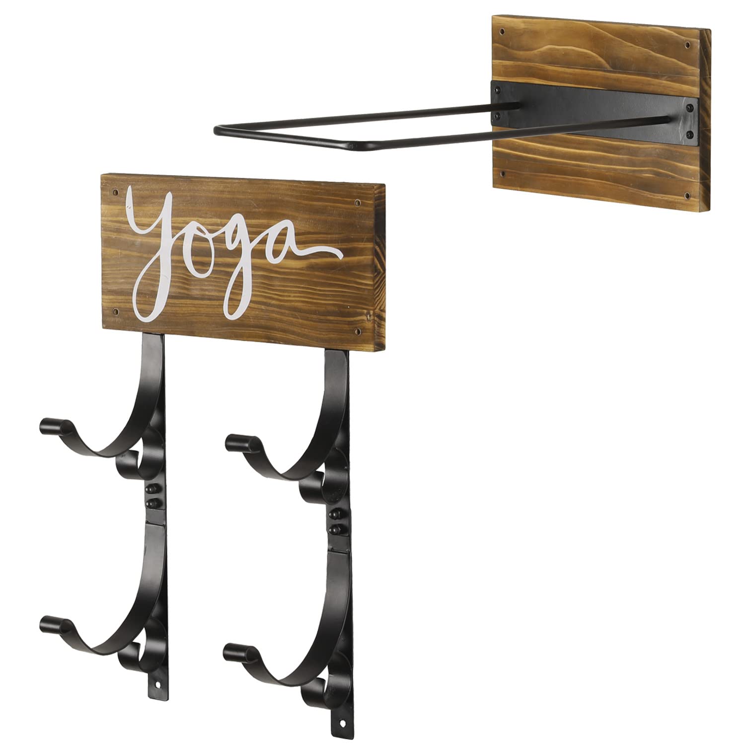 MyGift Yoga Mat and Stability Ball Holder - Rustic Burnt Wood and Black Metal Wall Mounted Exercise Yoga Equipment Organizer, 2 Pc Set