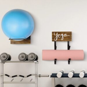 MyGift Yoga Mat and Stability Ball Holder - Rustic Burnt Wood and Black Metal Wall Mounted Exercise Yoga Equipment Organizer, 2 Pc Set