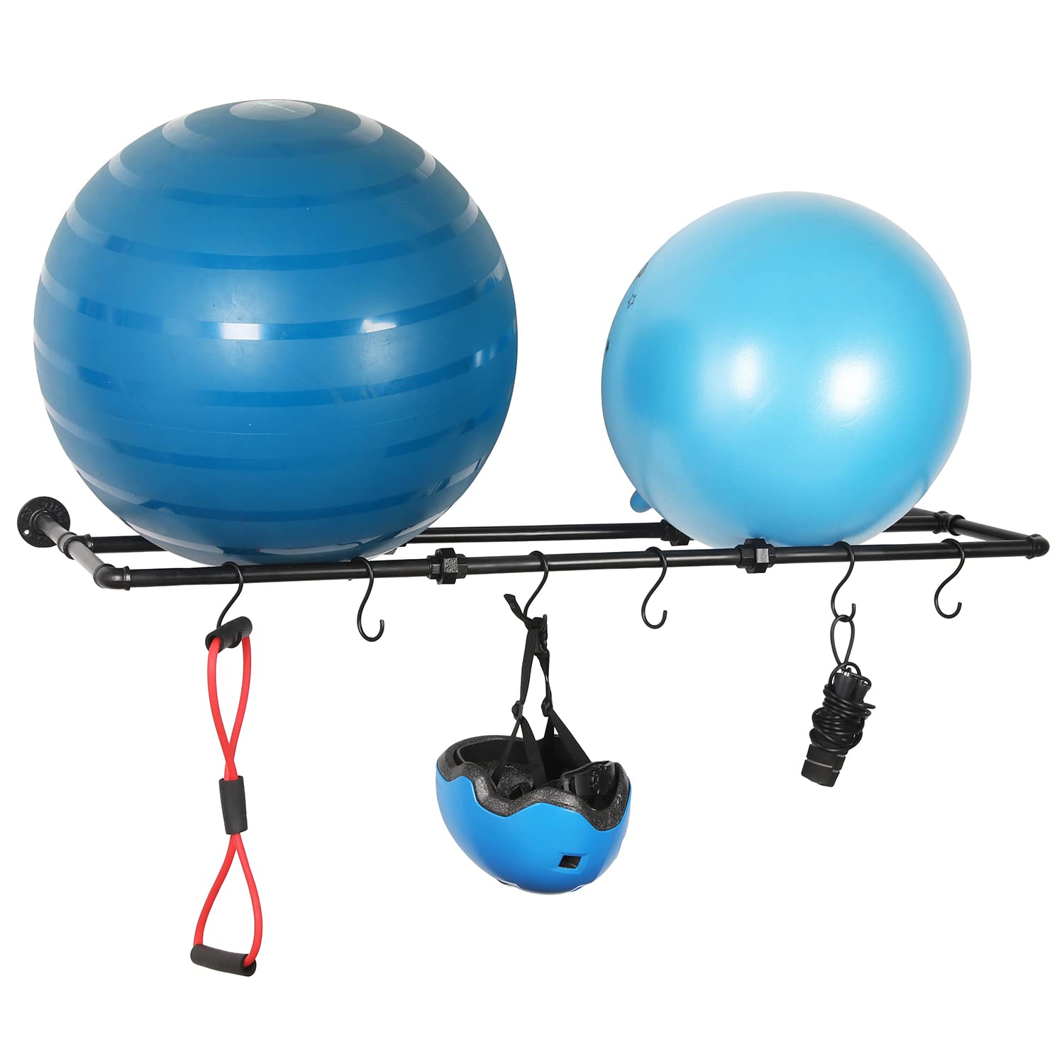 MyGift Industrial Matte Black Metal Wall Mounted Exercise Yoga Ball Storage Rack with 6 S-Hooks for Fitness Equipment