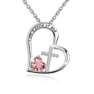 Bengnkes BG 925 Sterling Silver I Am a Child of God Cross Pendant Necklaces for Women, October Birthstone Pink Heart Necklace Communion Goddaughter Christian Baptism Gifts