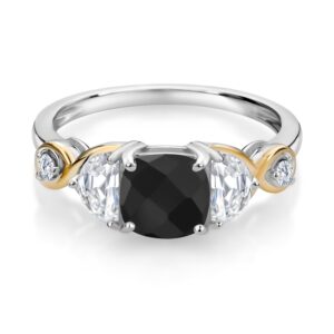 925 Silver and 10K Yellow Gold Cushion Onyx Half Moon Moissanite and Lab Grown Diamond 3-Stone Engagement Ring For Women (1.58 Cttw, Gemstone Birthstone, Available In Size 5, 6, 7, 8, 9)