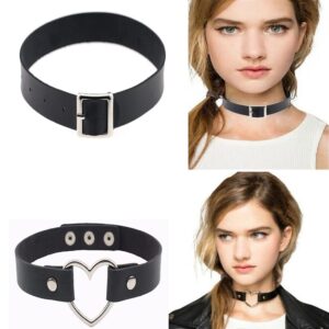 ZHQI Leather Choker Punk PU Necklace Goth Choker Soft Collar Chain for Women Girls Love Heart Gothic Vintage Retro Jewelry (Black 138, Zinc Alloy)