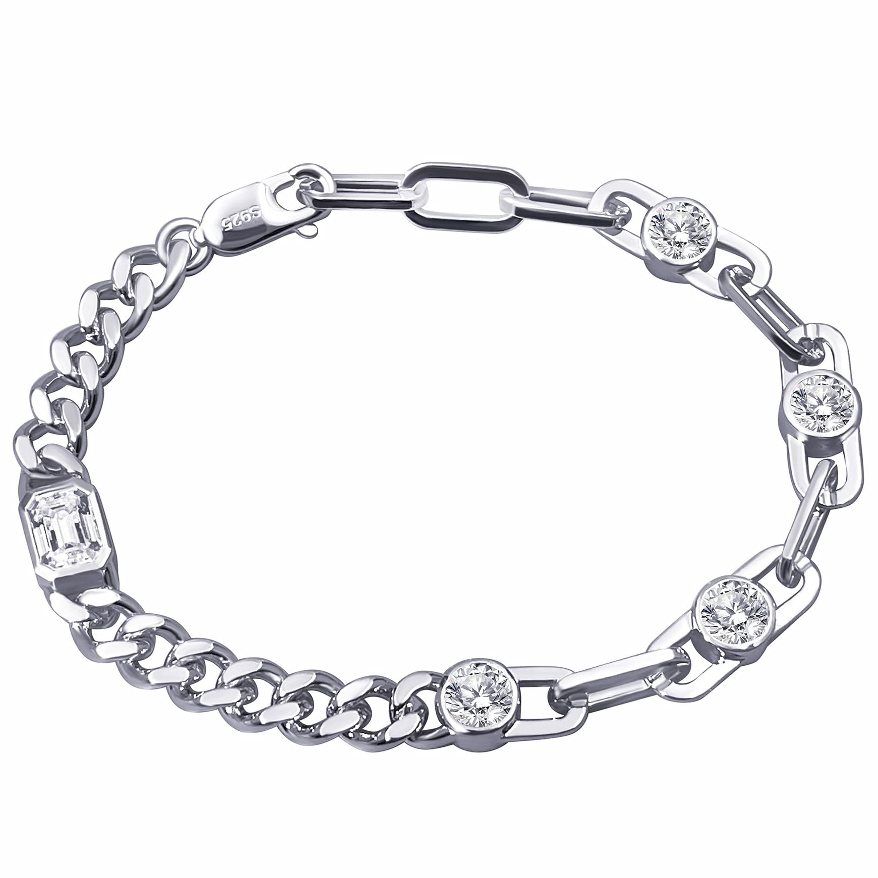 fixestar Paperclip Chain Bracelet 6.5-7.5 Inch I 3ctw DF VVS Emerald Cut Moissanite Diamonds Bracelets for Women I Silver with 18K White Gold Plated 6mm Cuban Link Chain Bracelet