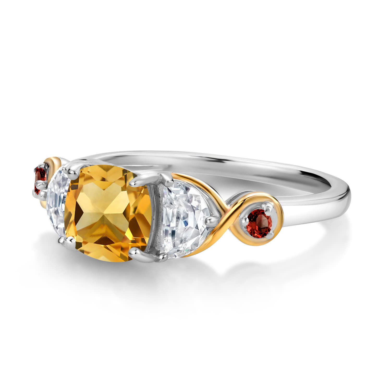 Gem Stone King 925 Silver and 10K Yellow Gold Cushion Citrine and Half Moon Moissanite 3-Stone Engagement Ring For Women (1.62 Cttw, Gemstone Birthstone, Available In Size 5, 6, 7, 8, 9)