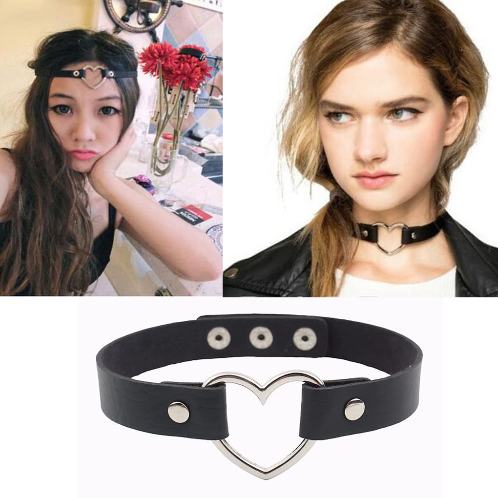 ZHQI Leather Choker Punk PU Necklace Goth Choker Soft Collar Chain for Women Girls Love Heart Gothic Vintage Retro Jewelry (Black 138, Zinc Alloy)