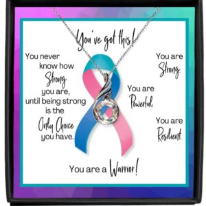 Thyroid Cancer Warrior Necklace - Gift for Support, Fighter, Survivor - Blue, Pink and Teal Ribbon Awareness - Jewelry for Post-Surgery, Chemo Patient