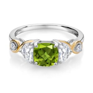 925 Silver and 10K Yellow Gold Cushion Peridot Half Moon Moissanite and White Lab Grown Diamond 3-Stone Engagement Ring For Women (1.51 Cttw, Gemstone Birthstone, Available In Size 5, 6, 7, 8, 9)